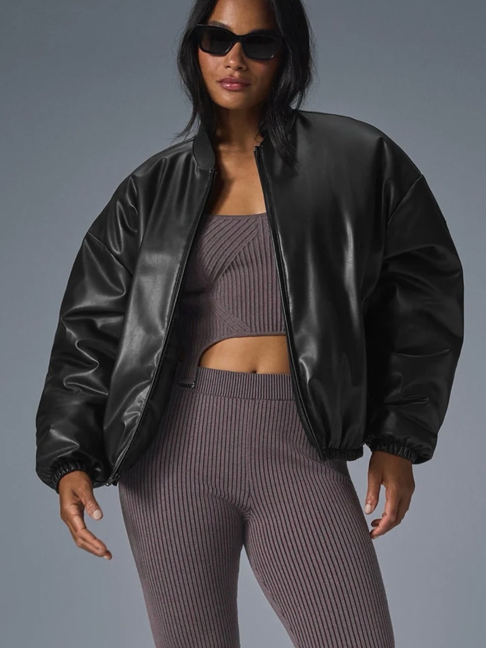 ALO Yoga Black Faux Leather Bomber Jacket